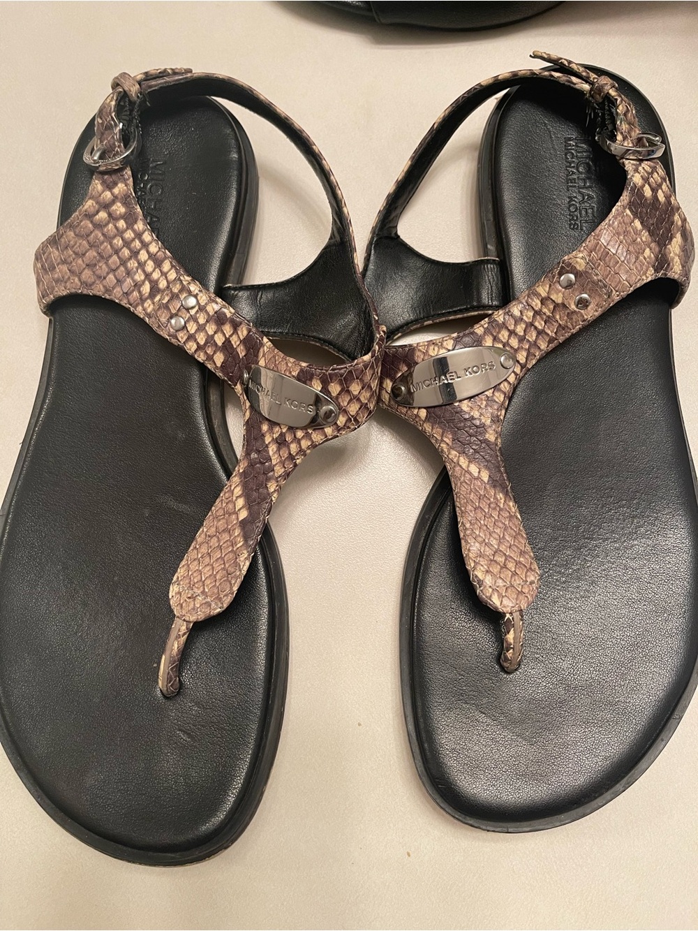 Michael Kors Black Footbed Snake-Print Strap Sandals